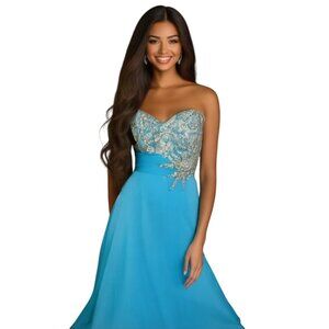 Tony Bowls Strapless Sweetheart Rhinestone Evening Long Gown Blue Size 6 Prom